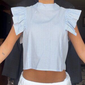 Central Park West Blue Striped Ruffle Sleeve Top